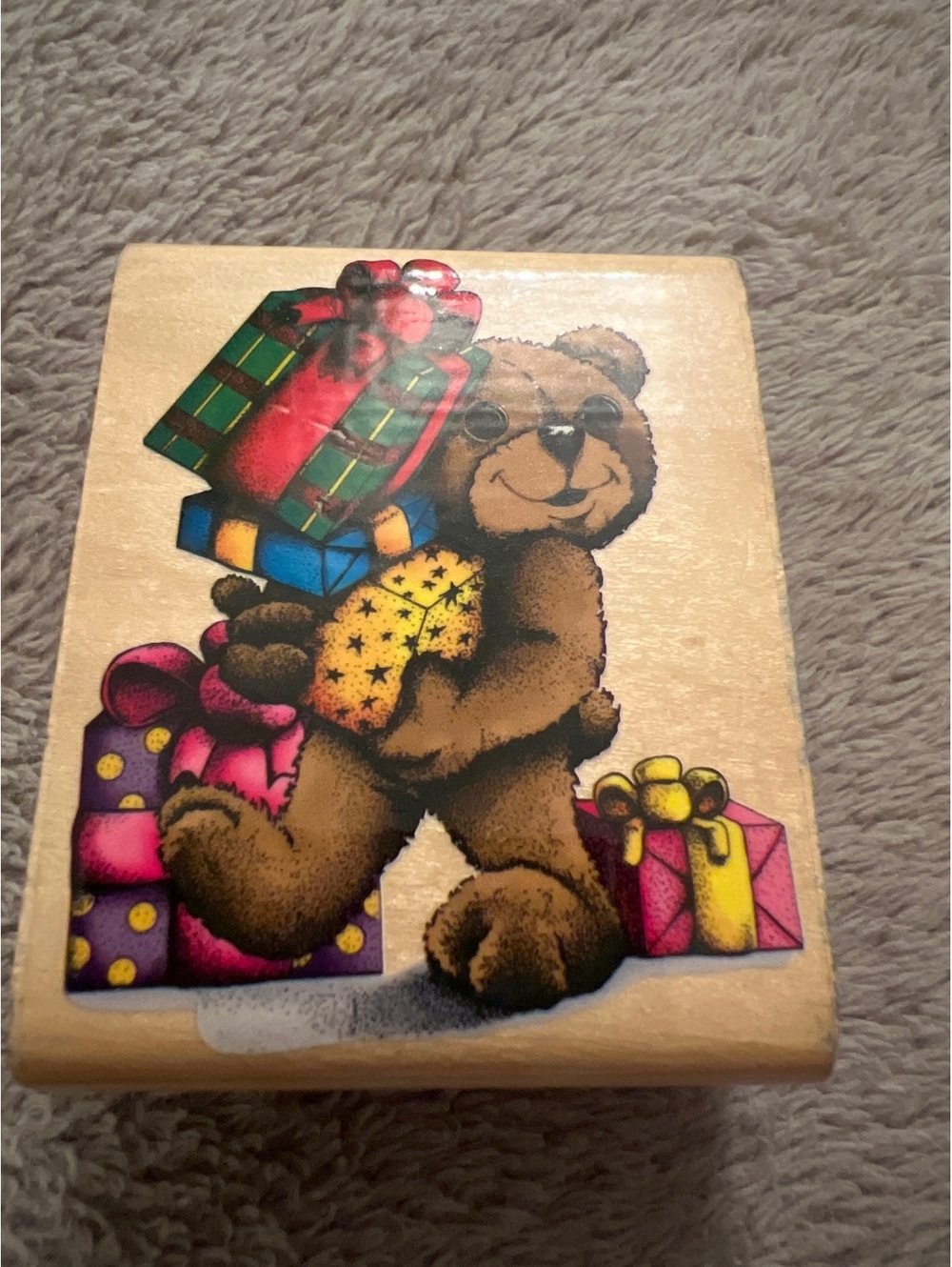 1997 Sky Kids Wooden Bear Stamp with Presents